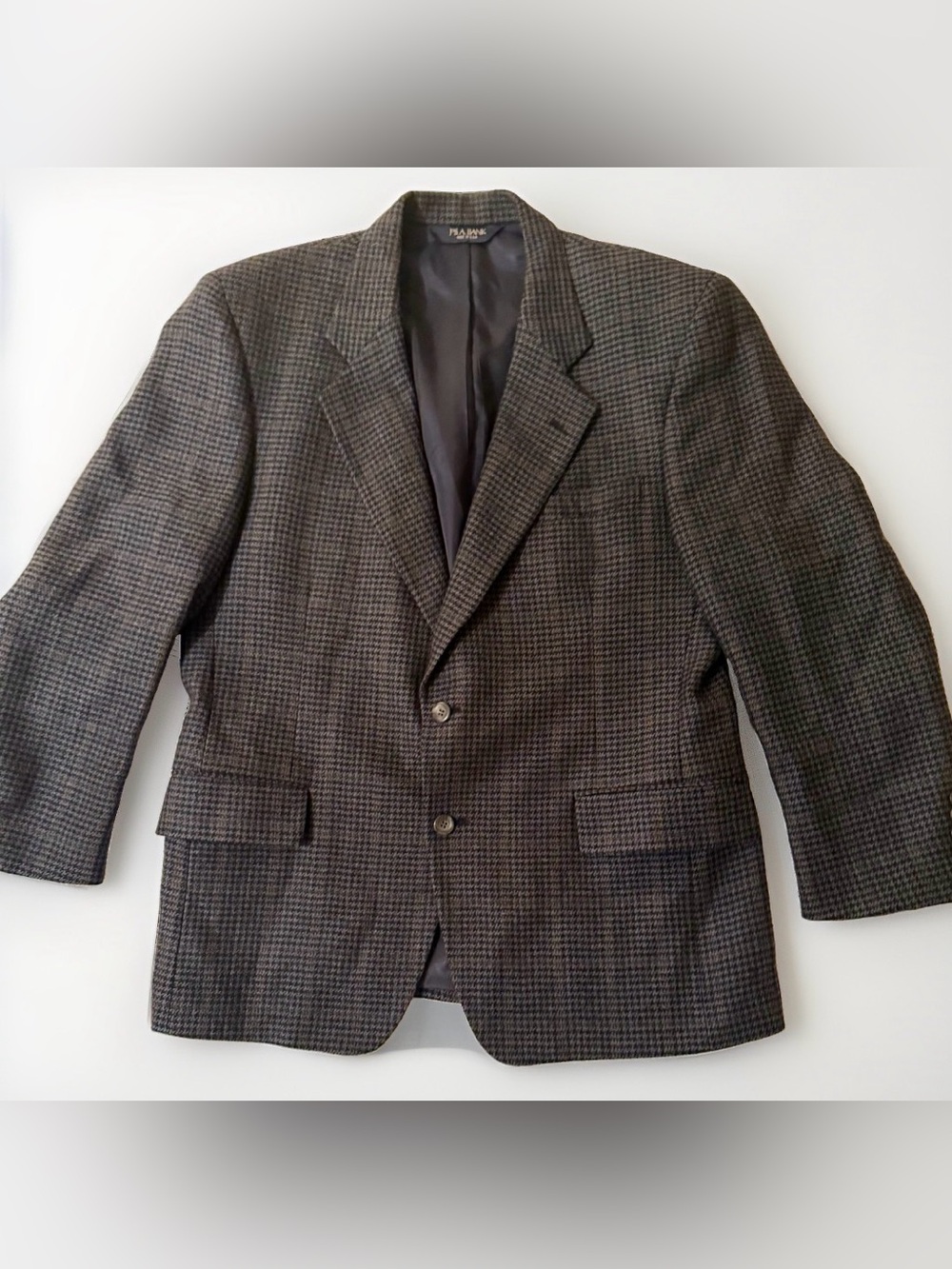 Vtg Jos A Bank Lambs Wool Blazer Mens Grey Blue Glen Plaid Sport 42S Made In USA